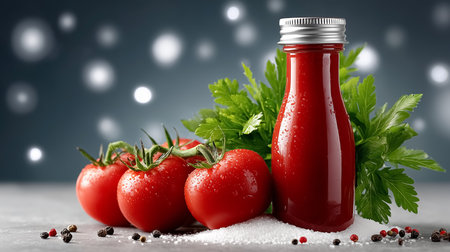 Bottle of ketchup stands next to ripe fresh tomatoes on kitchen counter. Softly blurred background enhances colorful display. Concept of culinary, food industry, restaurants.の素材