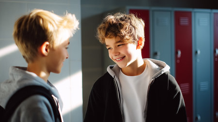 Two boys engaged in conversation near colorful lockers, illuminated by soft morning sunlight. Relaxed school atmosphere promoting social interaction. Concept of education, friendship, youth.の素材