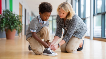 Young boy focuses on tying his shoes while a supportive teacher kneels beside him. Bright school corridor with natural light and engaging learning environment.の素材