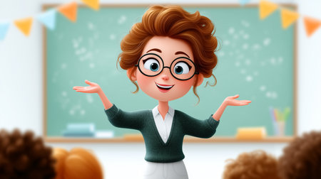 Teacher smiles and gestures warmly while welcoming students into the classroom filled with colorful decorations and a bright atmosphere. Concept of education, support, inspiration.の素材