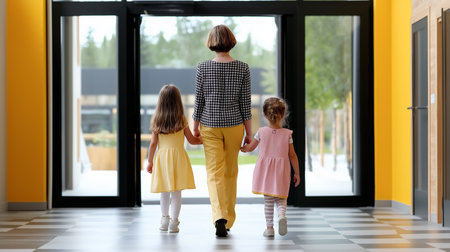 Teacher walks with two children entering school building. Bright yellow interior enhances welcoming atmosphere. Concept of education, childhood development, early learning.の素材