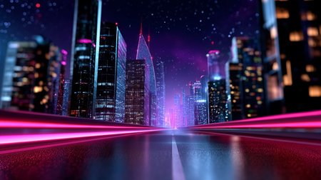 Futuristic cityscape filled with neon lights and vibrant colors. Road leads through high rise buildings at night. Concept of technology, urban development, nightlife.の素材