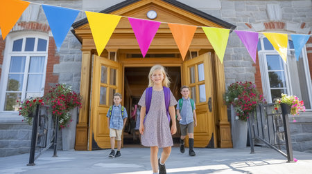 Children walk into school building with bright banners hanging above. Clear blue sky and welcoming entrance. Concept of education, childhood joy, community involvement.の素材