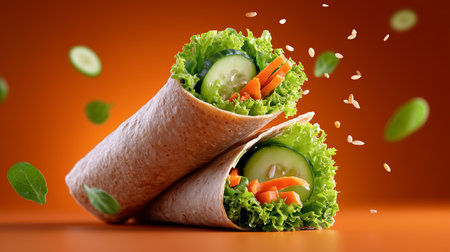 Healthy vegetable wrap filled with crisp lettuce, cucumber, and carrots. Vibrant orange background enhances appeal. Concept of healthy eating, culinary arts, food services.の素材