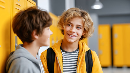 Boys chatting and smiling near bright yellow lockers. Setting in a modern school environment, showcasing friendship and joy among students. Concept of education, youth engagement, school life.の素材
