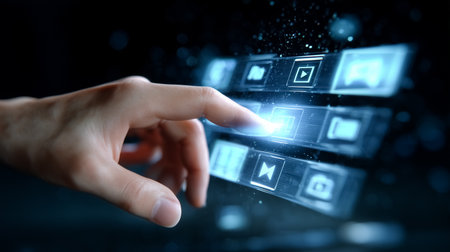 Finger presses on blue glowing icon within a holographic interface surrounded by floating digital elements. Engaging visual of advanced technology in futuristic workspace.の素材