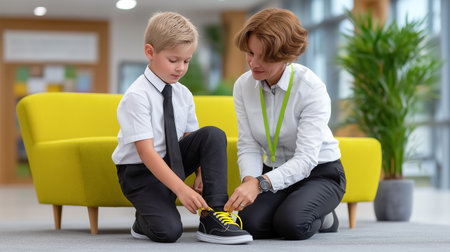 Boy ties shoelaces while teacher observes in vibrant classroom environment. Learning moment shared on clean floor near colorful furniture. Concept of education, child development, mentorship.の素材