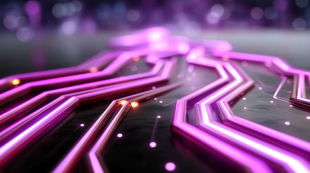 Neon circuitry glows with vibrant pinks and purples, showing the futuristic movement of an AI algorithm. Dark reflective background enhances the modern tech aesthetic.の素材