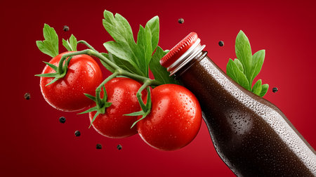 Ketchup bottle surrounded by fresh ripe tomatoes and spices. Bright red background adds vibrancy. Concept of culinary arts, food industry, sauce production.の素材
