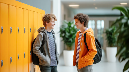 Boys engage in conversation next to vibrant yellow lockers in contemporary school environment. Bright and welcoming setting enhances youthful interaction.の素材