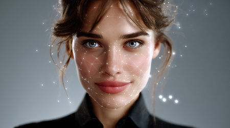 Virtual assistant animation avatar with a friendly expression looking at the camera. Detailed digital background with glowing connections resembles advanced technology.の素材