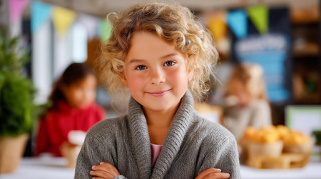 Child with curly hair smiles warmly at book fair surrounded by classmates. Bright decorations create lively atmosphere in school setting. Concept of education, reading promotion, community engagement.の素材