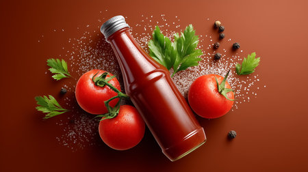 Ketchup bottle placed among ripe tomatoes and fresh herbs, with scattered spices adding flavor. Rich, warm background creates an inviting kitchen vibe.の素材