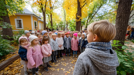 Children stand in a schoolyard during a group activity, surrounded by colorful autumn leaves and trees. The setting features a bright yellow building, enhancing the cheerful atmosphere.の素材