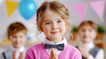 Children are clapping hands and smiling during a special celebration in an engaging classroom setting. Bright balloons and festive decor create a joyful atmosphere.の素材