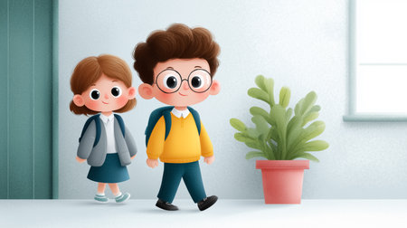 Children walk happily into bright school building with backpacks. Cheerful atmosphere features soft natural light and indoor plants. Concept of education, childhood, learning.の素材
