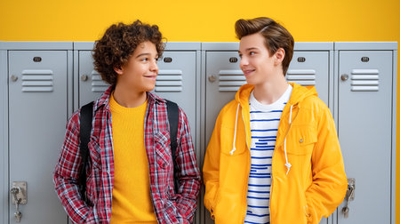 Boys talking and laughing near bright yellow lockers. Cheerful atmosphere in school hallway with vibrant decor. Concept of friendship, school life, youth engagement.の素材