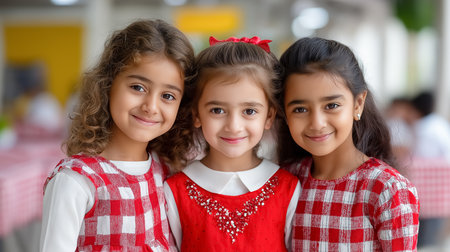 Three girls smile widely, showcasing excitement at a school book fair. Bright indoor setting with cheerful atmosphere and colorful decor. Concept of education, childhood joy, community events.の素材