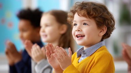Child smiling and clapping hands in a lively classroom. Other children in background. Bright and colorful learning environment. Concept of education, celebration, childhood enjoyment.の素材