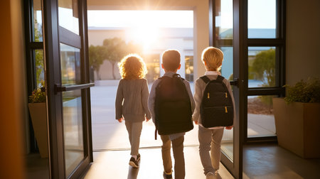 Children enter school building with backpacks as sunlight streams in. Joyful morning setting with clear blue skies and soft lighting highlights the excitement of a new school day.の素材