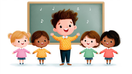 Happy children and teacher celebrate after first lesson with music notes in cheerful classroom. Bright and colorful setting with a warm, inviting atmosphere.の素材