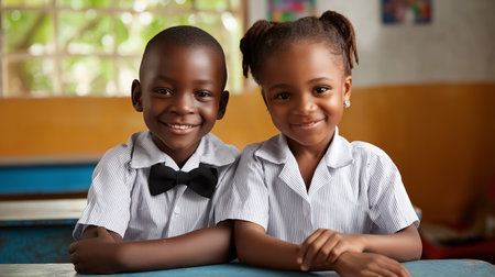 Two children in matching school uniforms looking at camera with bright smiles. Classroom environment with colorful decorations. Concept of education, childhood, learning.の素材