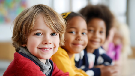 Smiling multicultural schoolchildren interact happily while seated in classroom setting. Bright natural light illuminates their joyful faces. Concept of education, diversity, childhood.の素材