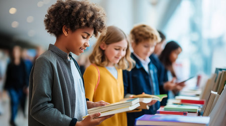 Students of various backgrounds browse through books at a lively book fair. Brightly lit venue creates an inviting atmosphere for exploration.の素材