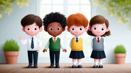 Four children in new school uniforms stand together smiling. Their colorful attire contrasts with the warm, bright interior. Concept of education, diversity, childhood.の素材