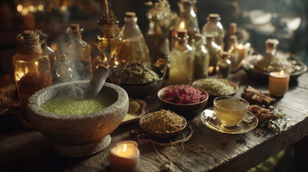 Herbalist workspace appears vibrant with diverse herbs and potions arranged among candles and wooden surfaces. The warm, soft lighting creates an inviting atmosphere.の素材