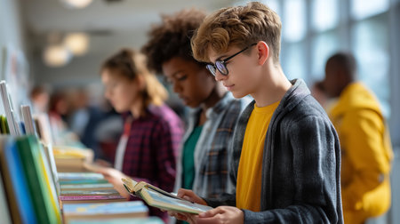 Students through browsing colorful book displays at an educational fair. Brightly lit venue fosters exploration and excitement. Concept of literacy, education, community engagement.の素材