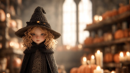 Young witch with curly hair dressed in a black cloak gazes into the camera, surrounded by lit candles and orange pumpkins.の素材
