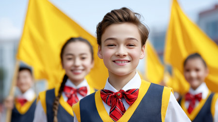 Group of cheerful students wearing vibrant new uniforms and holding yellow banners. Bright outdoor setting capturing school spirit and community excitement.の素材