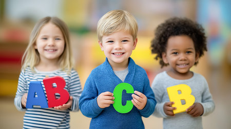 Kids are smiling and holding bright letters A, B, C, and B in vibrant classroom filled with engaging learning materials. Concept of early childhood education, literacy development, preschool.の素材