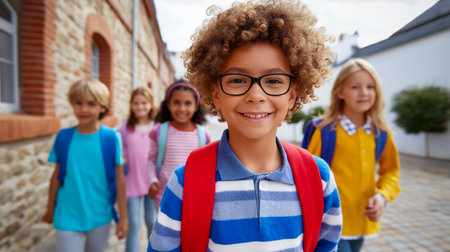 Children walk towards school building with joyous expressions. They wear colorful backpacks and look excited for learning. Schoolyard setting with modern architecture and friendly atmosphere.の素材