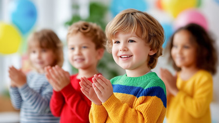 Kids enthusiastically applaud after completing their first lesson in a vibrant classroom filled with balloons. Joyful atmosphere depicts excitement and achievement.の素材