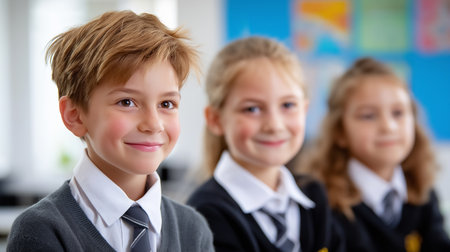 Children smile while engaging in classroom activities wearing new school uniforms. Bright classroom setting with colorful wall decorations. Concept of education, school life, youth development.の素材