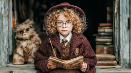 Little witch with curly hair sits reading a book while plush creature watches nearby. Rustic setting with wooden shelves and old books. Concept of fantasy, childhood imagination, storytelling.の素材