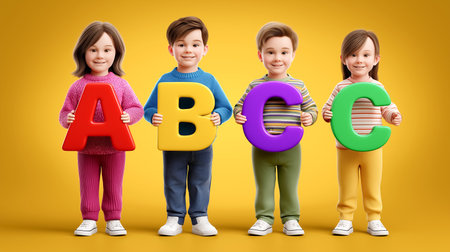 Kids holding large colorful letters ABC, smiling and looking at camera. Bright yellow background creates uplifting atmosphere. Concept of education, early learning, childhood development.の素材