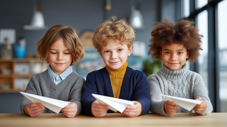 Three children enjoying crafting paper airplanes together in a cozy indoor environment. Natural light illuminates the room filled with books and art supplies.の素材