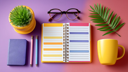 Colorful flat lay featuring open notebook with highlighted sections, glasses, mug, and plants. Cheerful setting enhances productivity and creativity.の素材