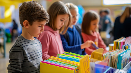 Kids engaged in selecting books at a lively school book fair. Bright classroom setting filled with educational materials. Concept of reading, education, childhood development.の素材