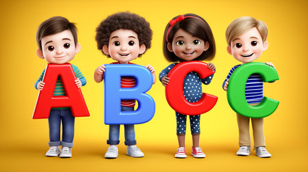 Four cheerful kids stand together holding large colorful letters A, B, and C. They wear playful clothing and smile brightly on vibrant yellow background.の素材