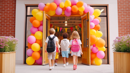 Group of cheerful children walk through the entrance decorated with bright balloons as they head to school. Welcoming environment with vibrant colors outside building.の素材