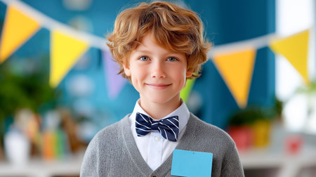 Young boy holds report card and smiles confidently in classroom decorated with colorful banners. Engaging atmosphere suggests learning celebration.の素材