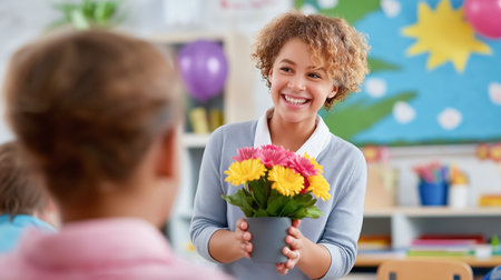 Kid joyfully presents vibrant flowers to teacher in a lively classroom. Bright walls adorned with educational posters create an energetic atmosphere.の素材