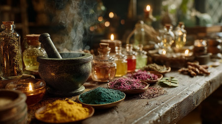 Close-up of herbalist workspace displaying various herbs and colorful powders. Ambient lighting illuminates jars and tools, evoking a mystical atmosphere.の素材