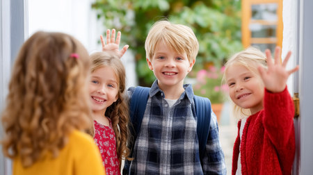 Children wave goodbye to parents outside a welcoming home, displaying joyful expressions and excitement. Bright sunny day enhances cheerful atmosphere. Concept of parenting, childhood, family bonding.の素材