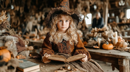 Young witch reads an ancient book surrounded by autumn decorations and pumpkins. Rustic interior creates warm atmosphere. Concept of fantasy, childhood, seasonal celebrations.の素材