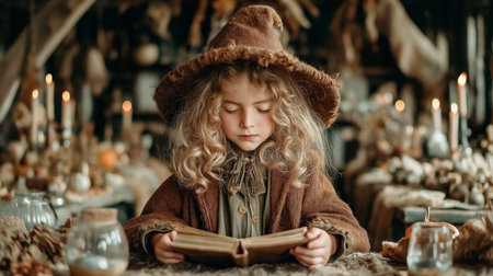Little witch reading spellbook in enchanting workshop. Surrounded by flickering candles and various mystical items. Concept of fantasy, storytelling, children's literature.の素材